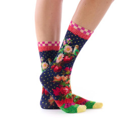 Chaussettes imprimées bambou Dub & Drino Solanacée bleu marine fleurs tomates oiseau pois verts
