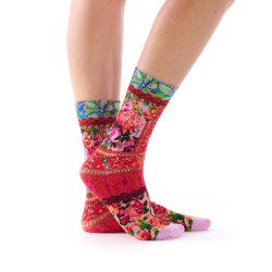 Chaussettes imprimées bambou Dub & Drino Lhassa rouge rose vert motifs floraux et ornementaux