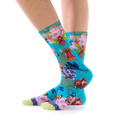Chaussettes imprimées bambou Dub & Drino Libellula turquoise libellules papillons insectes fleurs pointe vert clair