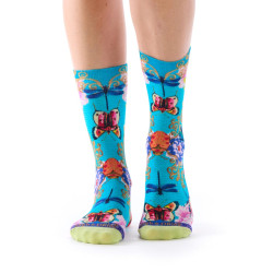 Chaussettes imprimées bambou Dub & Drino Libellula turquoise libellules papillons insectes fleurs pointe vert clair
