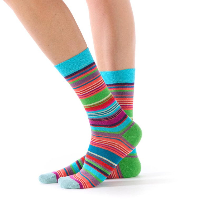Chaussettes coton Fil de Jour à rayures multicolores turquoise vert rose violet