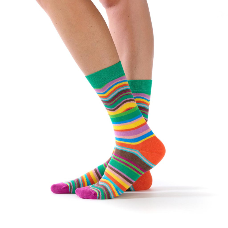 Chaussettes coton Fil de Jour à rayures multicolores vert jaune rose violet