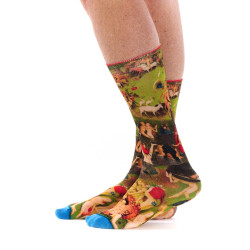 Chaussettes homme bambou, vert, motif Le Jardin des délices, Jérôme Bosch, impression artistique intégrale.