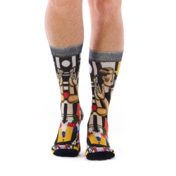 Chaussettes homme Ruban Rouge, bambou, noir blanc rouge jaune, motif Mécanicien & homme à la canne, Ferdinand Léger