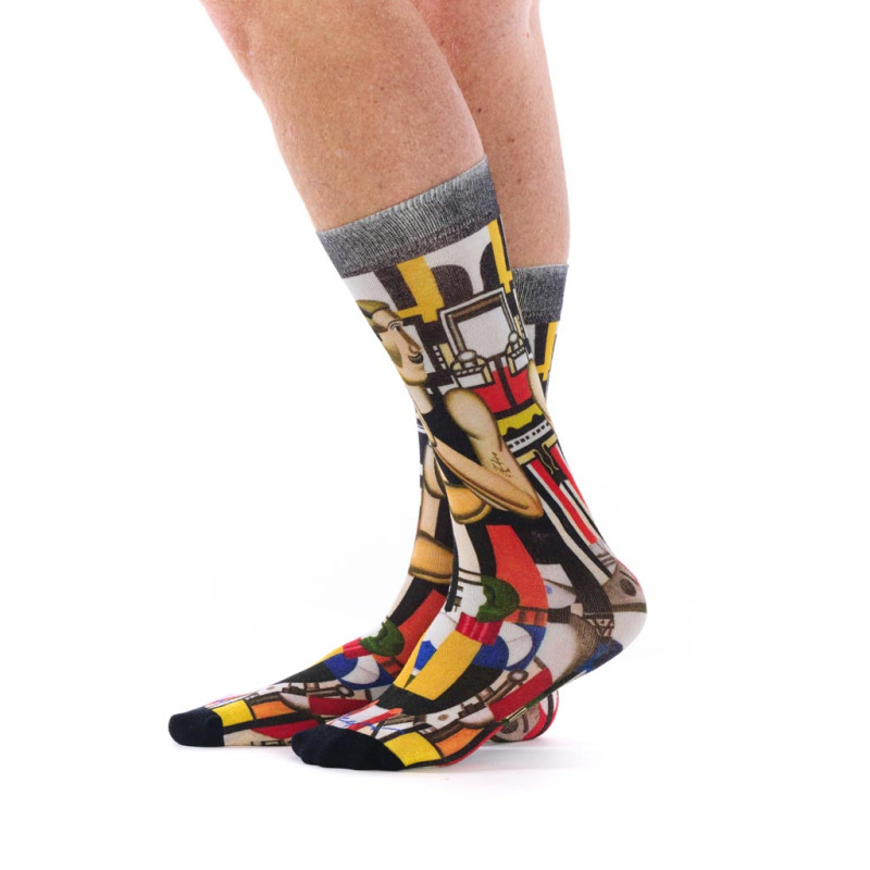 Chaussettes homme Ruban Rouge, bambou, noir blanc rouge jaune, motif Mécanicien & homme à la canne, Ferdinand Léger