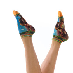 Socquettes femme Ruban Rouge, bambou, bleu brun vert, motif La bohémienne endormie, Douanier Rousseau.