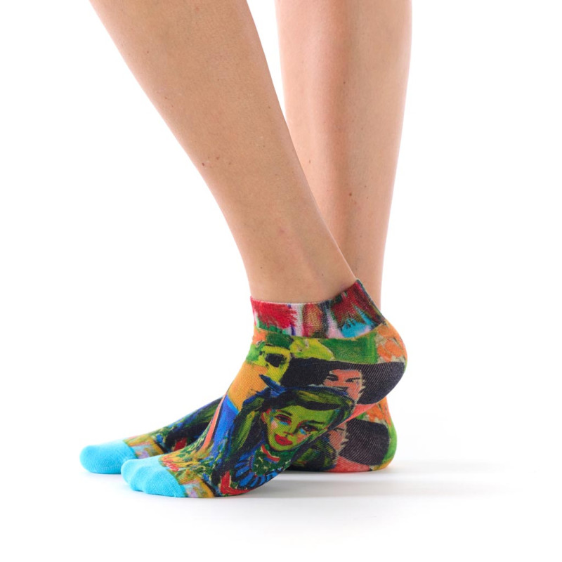 Socquettes femme Ruban Rouge, bambou, vert bleu rouge jaune, motif expressionniste, Ernest Ludwig Kirchner.