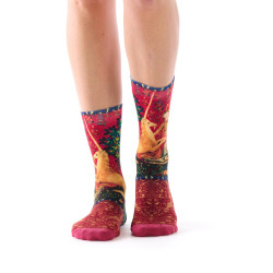 Chaussettes femme Ruban Rouge, bambou, rouge vert beige, motif La Dame à la licorne, tapisserie médiévale.