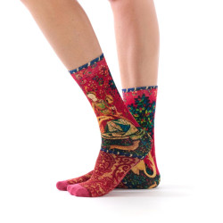 Chaussettes femme Ruban Rouge, bambou, rouge vert beige, motif La Dame à la licorne, tapisserie médiévale.