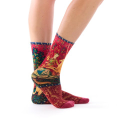 Chaussettes femme Ruban Rouge, bambou, rouge vert beige, motif La Dame à la licorne, tapisserie médiévale.