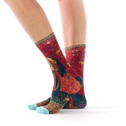 Chaussettes femme Ruban Rouge, bambou, rouge vert bleu, motif L’Ouïe, La Dame à la licorne.