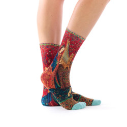 Chaussettes femme Ruban Rouge, bambou, rouge vert bleu, motif L’Ouïe, La Dame à la licorne.