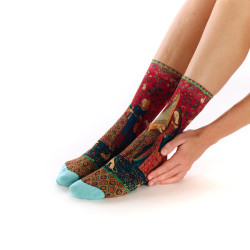 Chaussettes femme Ruban Rouge, bambou, rouge vert bleu, motif L’Ouïe, La Dame à la licorne.