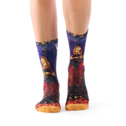 Chaussettes femme Ruban Rouge, bambou, bleu rouge vert, motif L’Odorat, La Dame à la licorne.