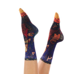 Chaussettes femme Ruban Rouge, bambou, bleu rouge vert, motif L’Odorat, La Dame à la licorne.