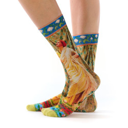 Chaussettes femme Ruban Rouge, bambou, bleu jaune vert, motif Sapphires and Canaries, Albert Joseph Moore.