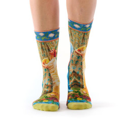 Chaussettes femme Ruban Rouge, bambou, bleu jaune vert, motif Sapphires and Canaries, Albert Joseph Moore.