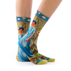 Chaussettes femme Ruban Rouge, bambou, bleu jaune vert, motif Sapphires and Canaries, Albert Joseph Moore.