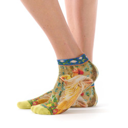 Socquettes femme Ruban Rouge, bambou, bleu jaune vert, motif Sapphires and Canaries, Albert Joseph Moore.