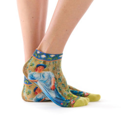 Socquettes femme Ruban Rouge, bambou, bleu jaune vert, motif Sapphires and Canaries, Albert Joseph Moore.