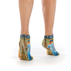 Socquettes femme Ruban Rouge, bambou, bleu jaune vert, motif Sapphires and Canaries, Albert Joseph Moore.