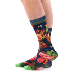 Ruban Rouge Combat du carnaval, chaussettes homme bambou, bleu nuit avec scène multicolore Brueghel l’Ancien