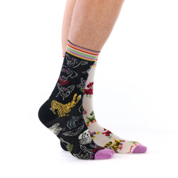 Chaussettes dépareillées mixtes Ruban Rouge Petites pattes écru noir chiens