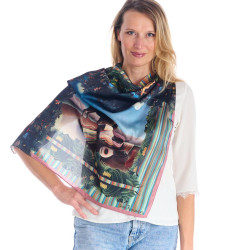 Foulard imitation soie La bohémienne endormie Le Douanier Rousseau 70x70cm, 100% polyester, vert bleu nuit rose