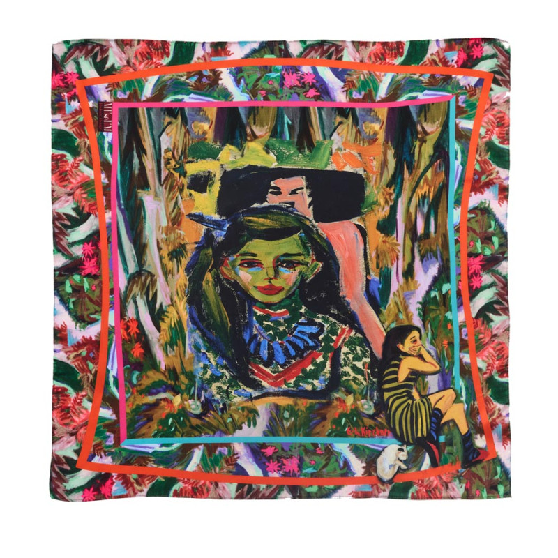 Foulard Artistes Ernst Ludwig Kirchner 70x70cm, motif expressionniste multicolore, dominantes vert et rose