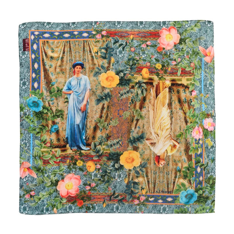 Foulard imitation soie Sapphires Albert Joseph Moore 70x70cm, tons vert, bleu, rose et jaune, polyester.