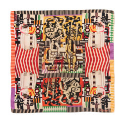 Foulard imitation soie Two or Three Fernand Léger 70x70cm, rouge noir beige vert jaune, motifs géométriques.