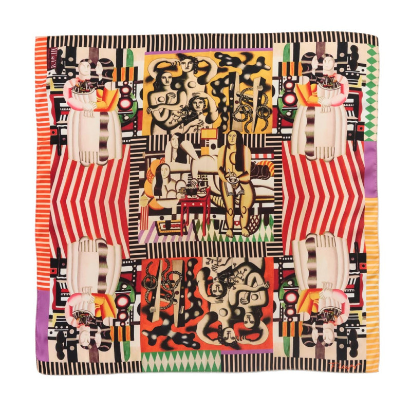 Foulard imitation soie Two or Three Fernand Léger 70x70cm, rouge noir beige vert jaune, motifs géométriques.