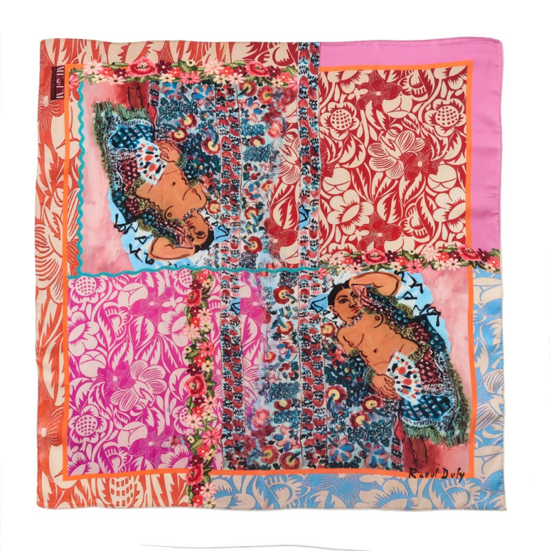 Foulard imitation soie Femme indienne Raoul Dufy 70x70cm, rose rouge bleu turquoise, motif femme et fleurs.