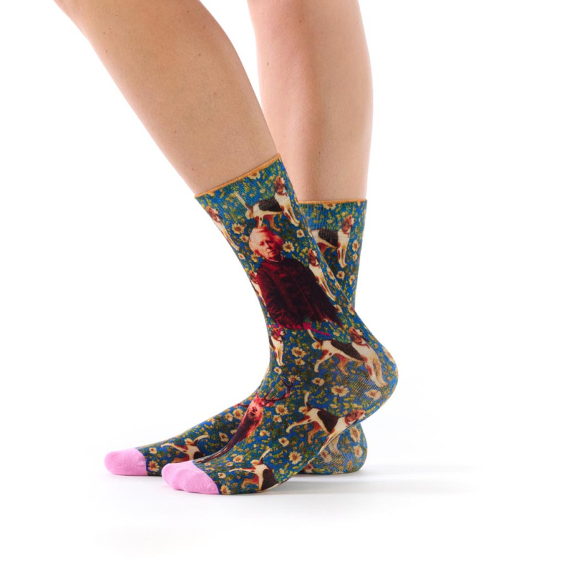 Ruban Rouge, femme, chaussettes bambou, bleu, motif Rosa Bonheur portrait et animaux, collection Panthéon, pointes roses