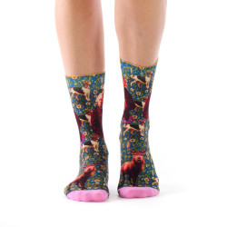 Ruban Rouge, femme, chaussettes bambou, bleu, motif Rosa Bonheur portrait et animaux, collection Panthéon, pointes roses