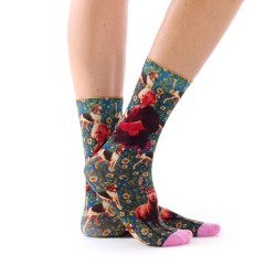 Ruban Rouge, femme, chaussettes bambou, bleu, motif Rosa Bonheur portrait et animaux, collection Panthéon, pointes roses