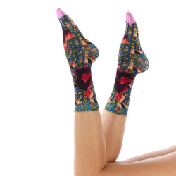 Ruban Rouge, femme, chaussettes bambou, bleu, motif Rosa Bonheur portrait et animaux, collection Panthéon, pointes roses