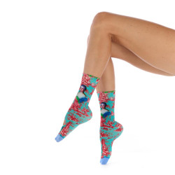 Ruban Rouge, femme, chaussettes bambou, turquoise, motif Olympe de Gouges et toile de Jouy rouge, collection Panthéon