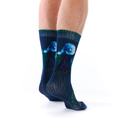 Ruban Rouge, homme, chaussettes bambou, bleu nuit, motif Victor Hugo portrait et rayures, collection Panthéon