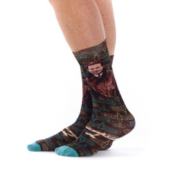 Ruban Rouge, homme, chaussettes bambou, brun foncé, motif Jean Mermoz portrait et avions, collection Panthéon