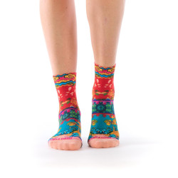 Socquettes bambou femme Estampe Dub & Drino, rouge turquoise vert rose, motifs fleurs animaux paysage.