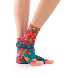 Socquettes bambou femme Estampe Dub & Drino, rouge turquoise vert rose, motifs fleurs animaux paysage.