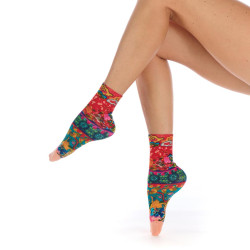 Socquettes bambou femme Estampe Dub & Drino, rouge turquoise vert rose, motifs fleurs animaux paysage.
