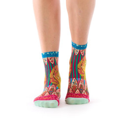 Socquettes bambou Floraison Dub & Drino, rose turquoise vert jaune, motif femme fleurs rayures.