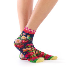 Socquettes bambou Solanacée Dub & Drino, bleu rouge rose vert, fleurs fruits oiseau.