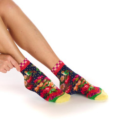 Socquettes bambou Solanacée Dub & Drino, bleu rouge rose vert, fleurs fruits oiseau.