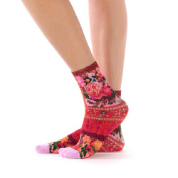 Socquettes bambou Lhassa Dub & Drino, rouge rose vert, motif floral ornemental.