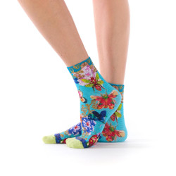 Socquettes bambou Libellula Dub & Drino, turquoise rose bleu vert, libellules papillons fleurs.