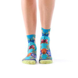 Socquettes bambou Libellula Dub & Drino, turquoise rose bleu vert, libellules papillons fleurs.