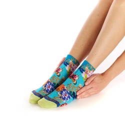 Socquettes bambou Libellula Dub & Drino, turquoise rose bleu vert, libellules papillons fleurs.